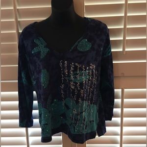 Blue, turquoise, navy cotton ls tee with sequins and metallic script, size L